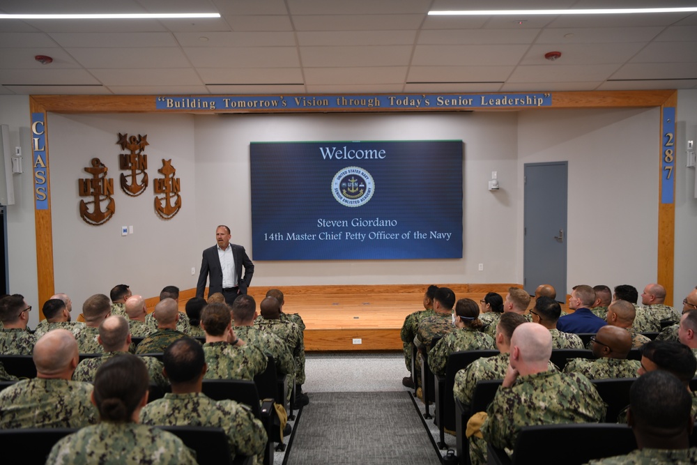 14th Master Chief Petty Officer of the Navy Steven Giordano talks to Senior Enlisted Academy Class 287.