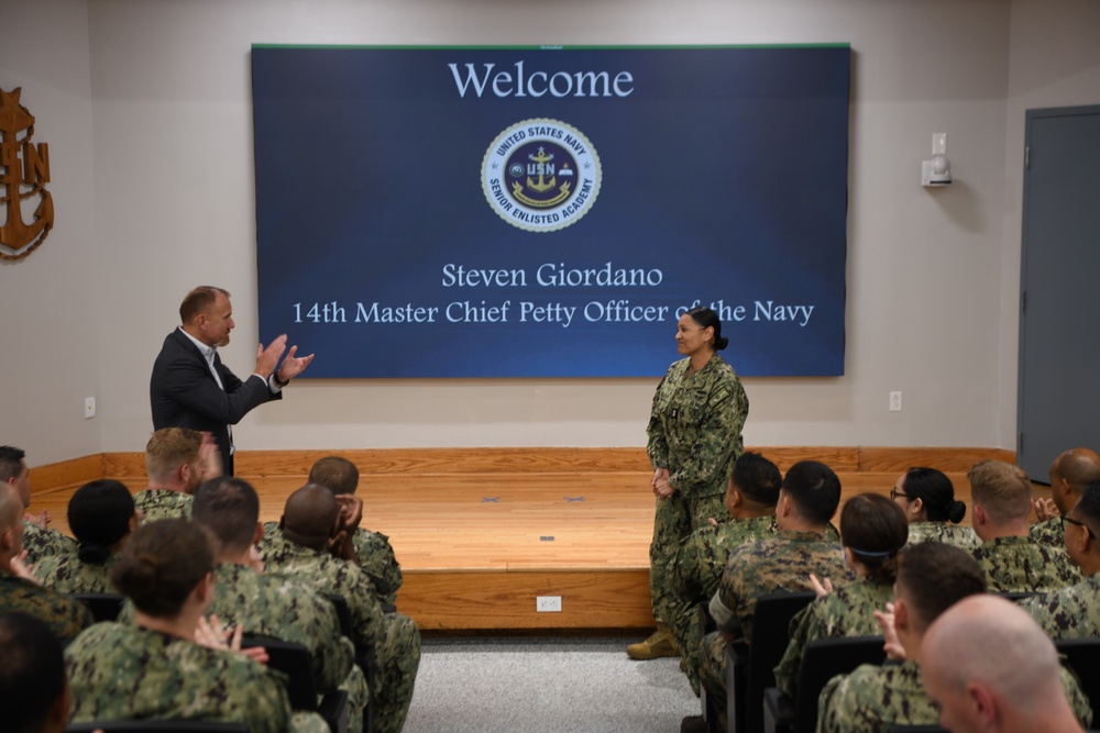 14th Master Chief Petty Officer of the Navy Steven Giordano talks to Senior Enlisted Academy Class 287.