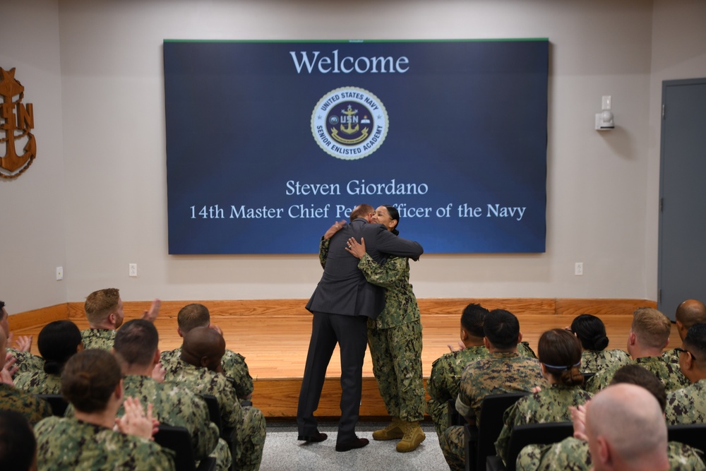 14th Master Chief Petty Officer of the Navy Steven Giordano talks to Senior Enlisted Academy Class 287.