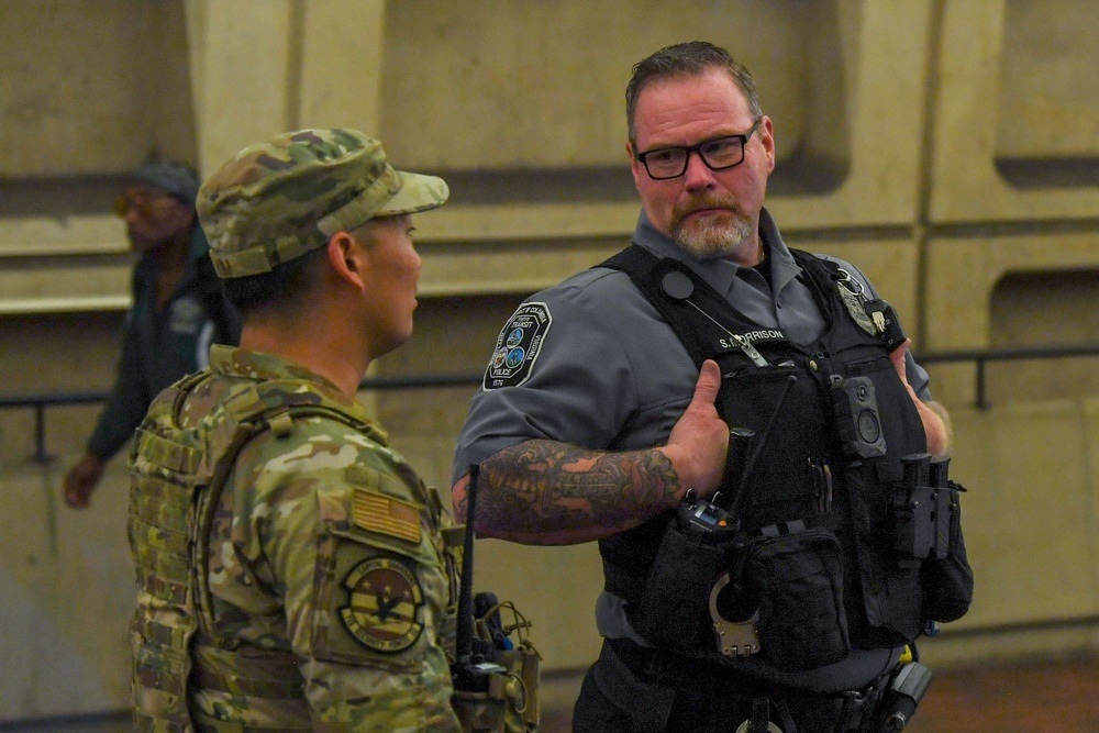JTF-DC Guardsmen patrol Washington Metro stations