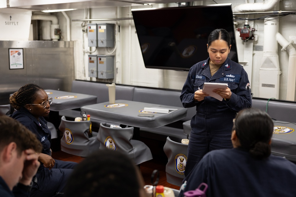 Navy Counselor Conducts Career Development Training Aboard USS Curtis Wilbur (DDG 54)