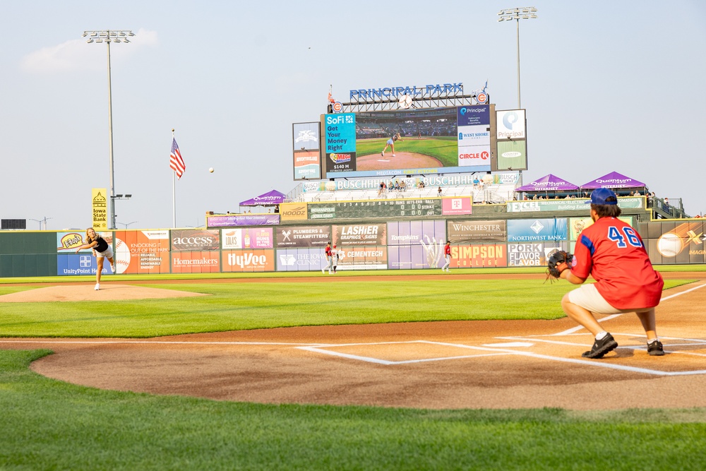 Iowa National Guard Airman throws first pitch at annual National Guard Night