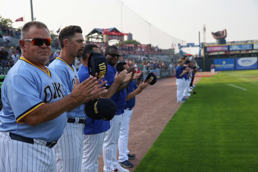 Iowa Cubs and visiting team stand for National Anthem during Guard Night