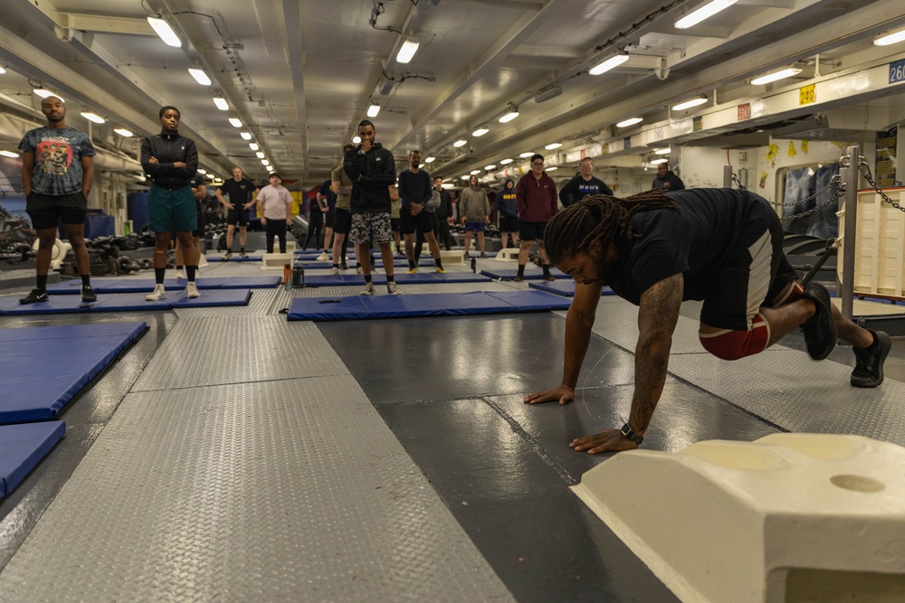 USS Gerald R. Ford (CVN 78) Sailors Conduct Physical Fitness Training
