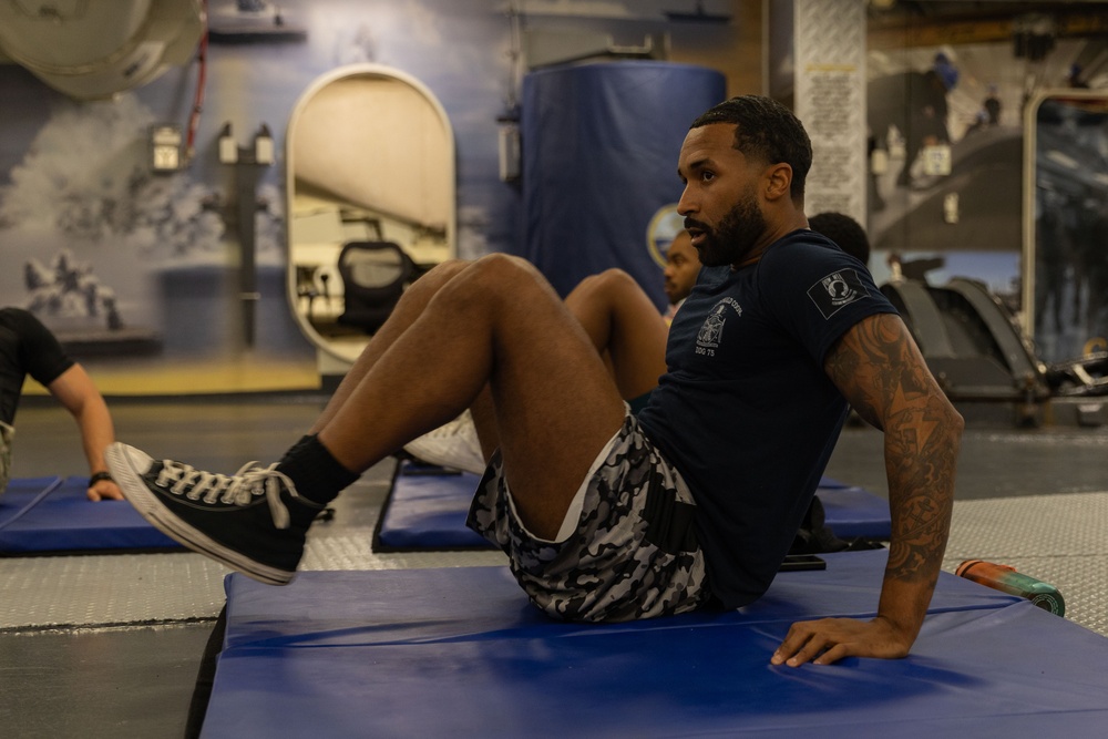 USS Gerald R. Ford (CVN 78) Sailors Conduct Physical Fitness Training
