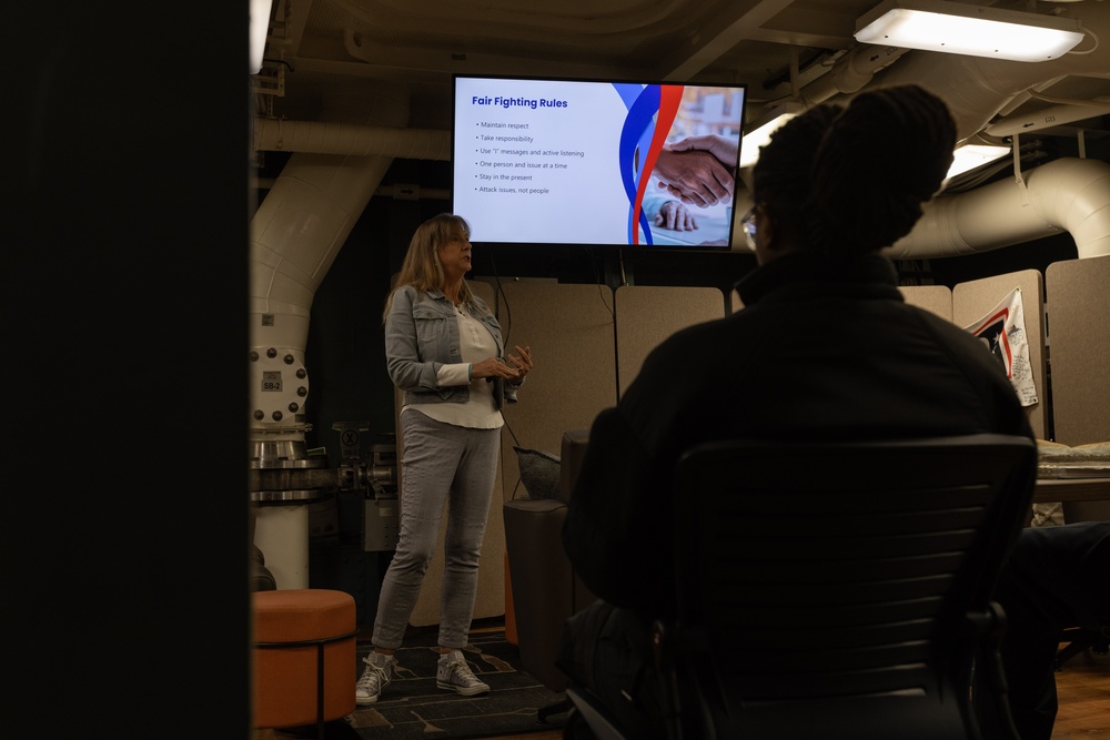 USS Gerald R. Ford (CVN 78) Embedded Integrated Prevention Coordinator Leads a Communication Class