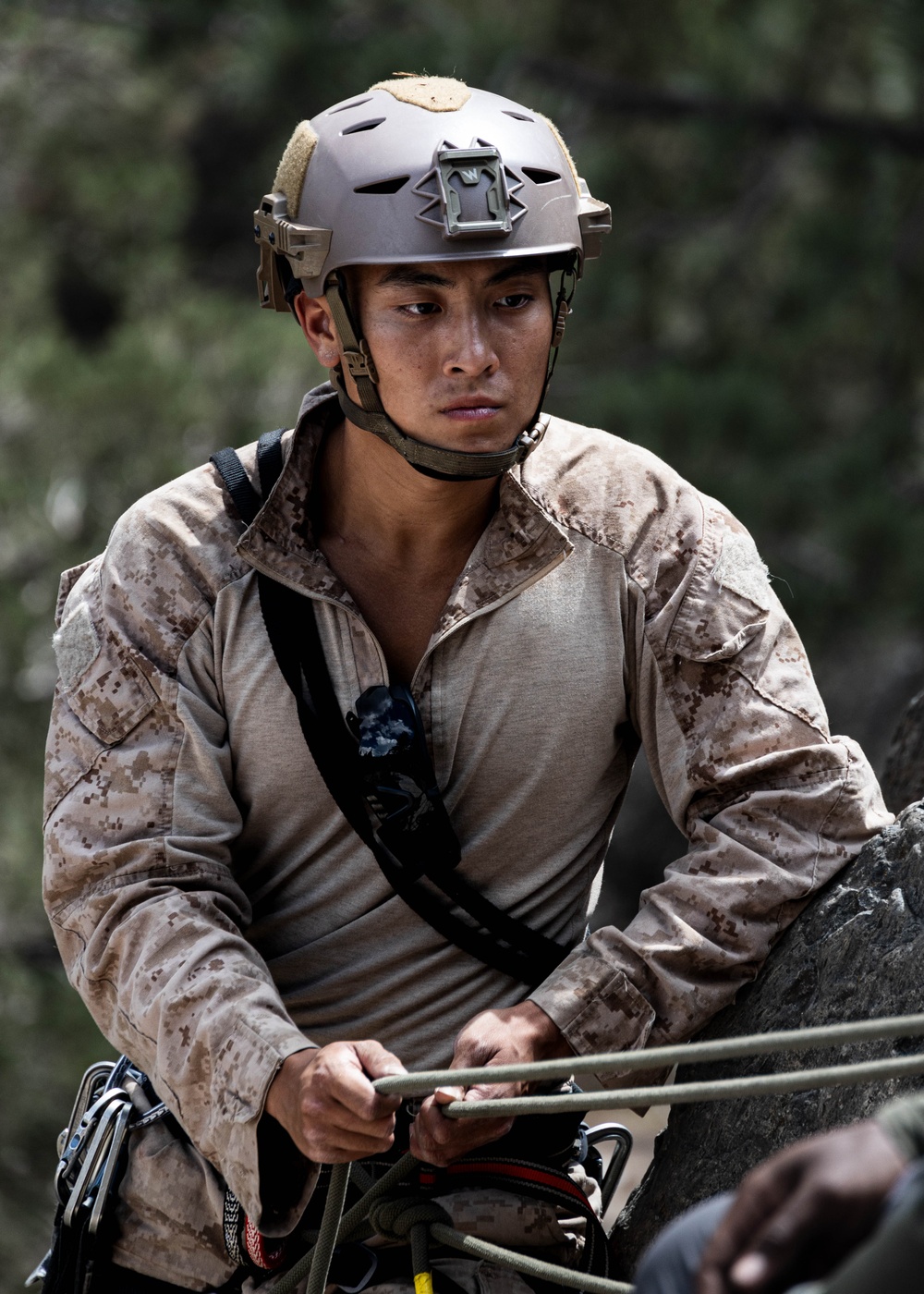 V35 and V11 Marines conduct mock lead climbing during Assault Climbers Course