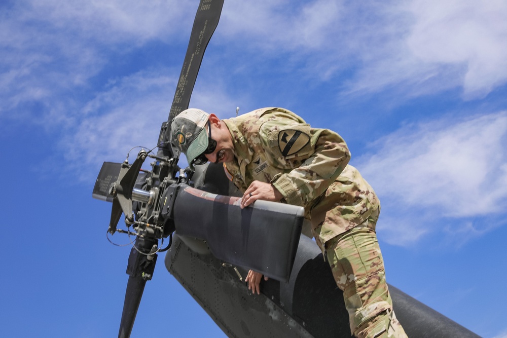 U.S. Army Soldier conducts maintenance on the rear tail blade of a UH-60 Blackhawk