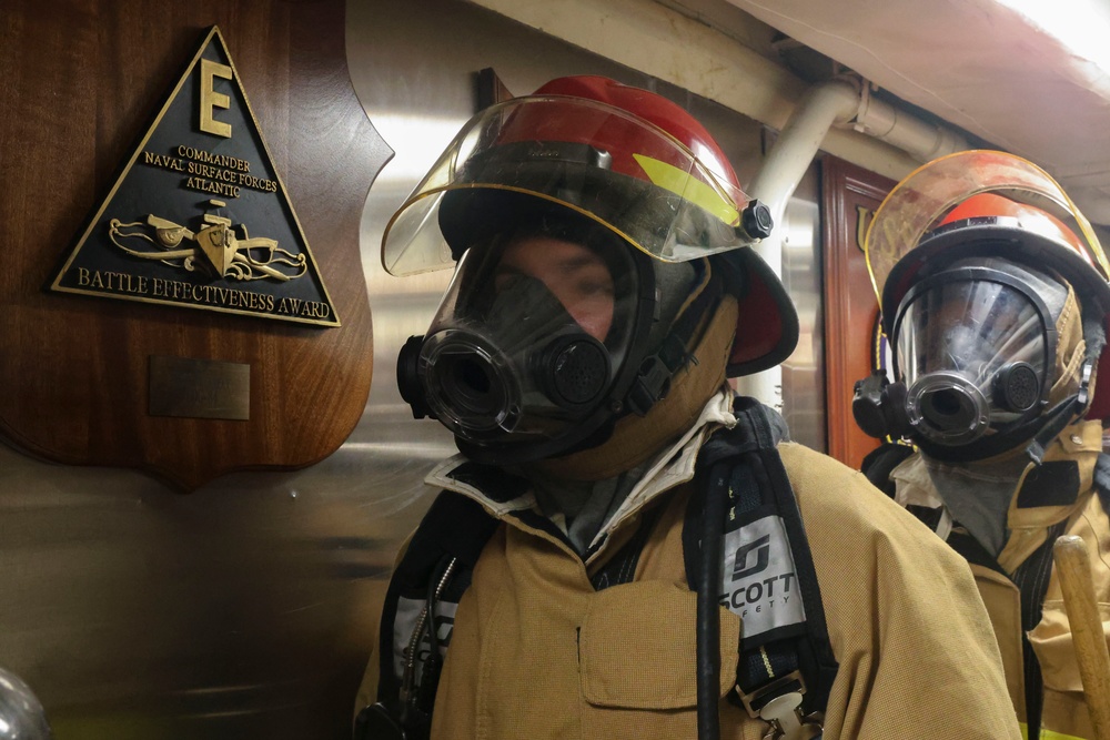 USS Bulkeley Sailors respond to a simulated fire