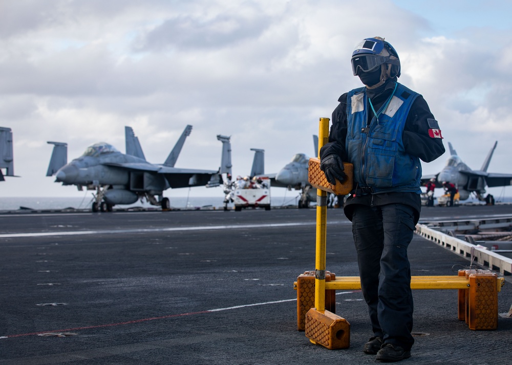USS Gerald R. Ford (CVN 78) Sailor Observes Flight Operations