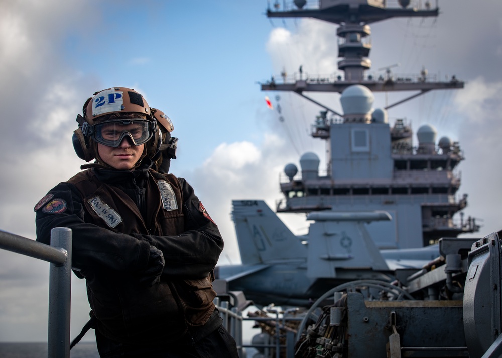 USS Gerald R. Ford (CVN 78) Sailor Observes Flight Operations