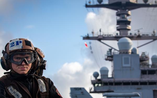 USS Gerald R. Ford (CVN 78) Sailor Observes Flight Operations