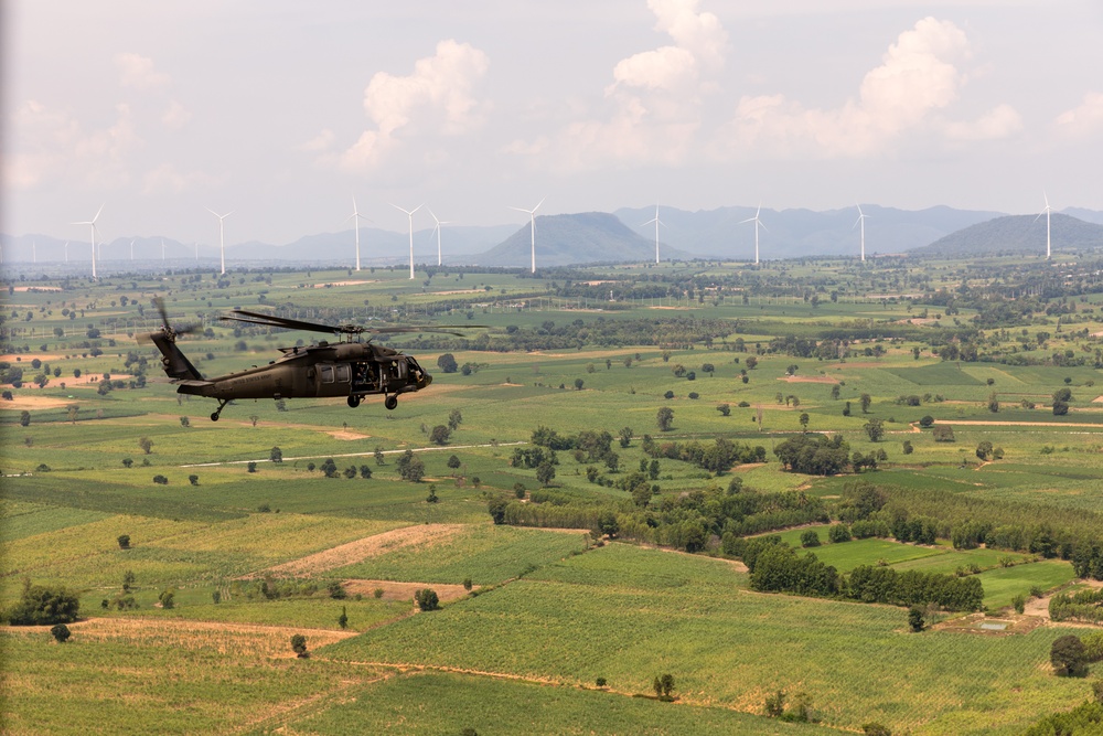 Washington Army National Guard UH-60 Blackhawks conduct first flight in Thailand.