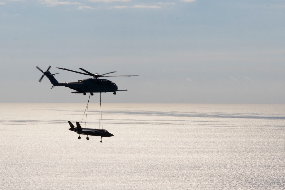 U.S. Marines with Marine Heavy Helicopter Squadron (HMH) 461 transport F-35B Lightning II to Marine Corps Air Station Beaufort for permanent static display