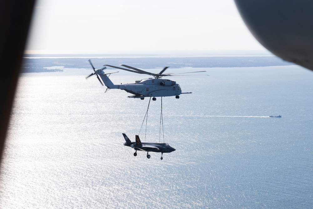 U.S. Marines with Marine Heavy Helicopter Squadron (HMH) 461 transport F-35B Lightning II to Marine Corps Air Station Beaufort for permanent static display