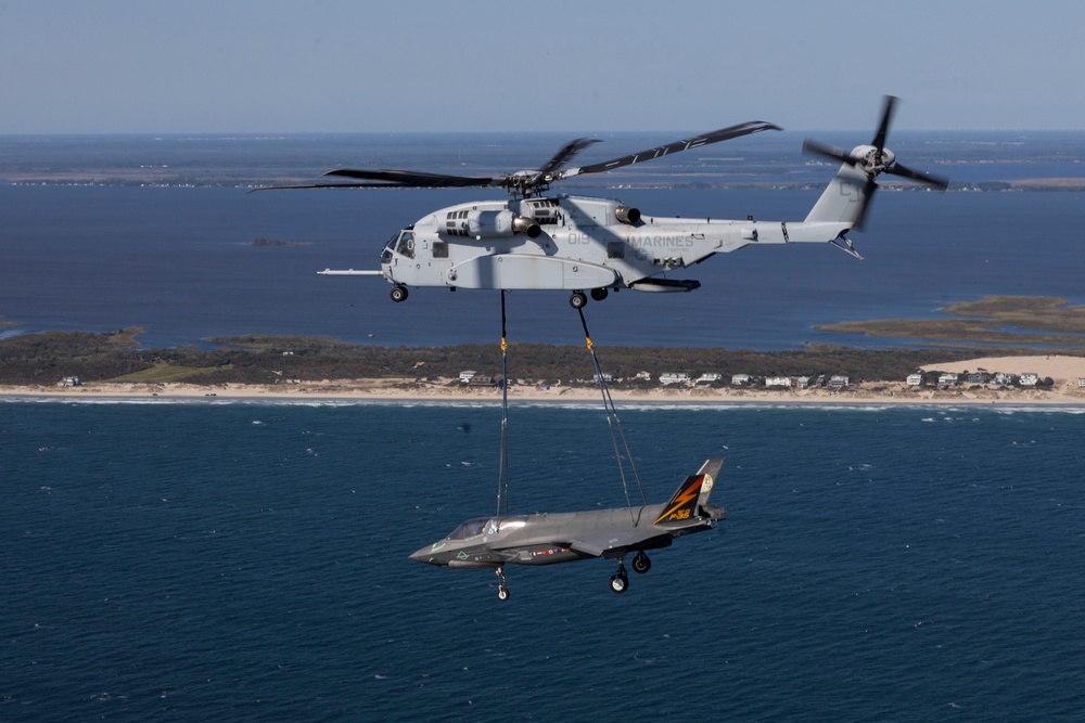U.S. Marines with Marine Heavy Helicopter Squadron (HMH) 461 transport F-35B Lightning II to Marine Corps Air Station Beaufort for permanent static display