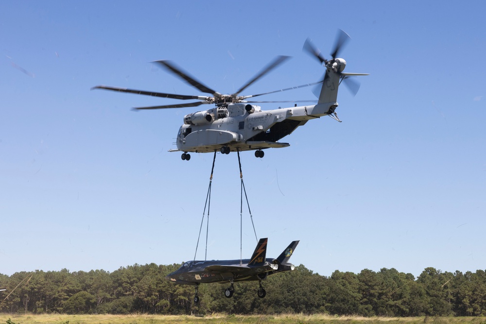 U.S. Marines with Marine Heavy Helicopter Squadron (HMH) 461 transport F-35B Lightning II to Marine Corps Air Station Beaufort for permanent static display