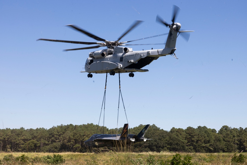 U.S. Marines with Marine Heavy Helicopter Squadron (HMH) 461 transport F-35B Lightning II to Marine Corps Air Station Beaufort for permanent static display
