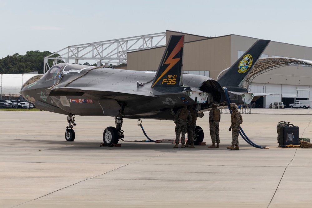 U.S. Marines with Marine Heavy Helicopter Squadron (HMH) 461 transport F-35B Lightning II to Marine Corps Air Station Beaufort for permanent static display