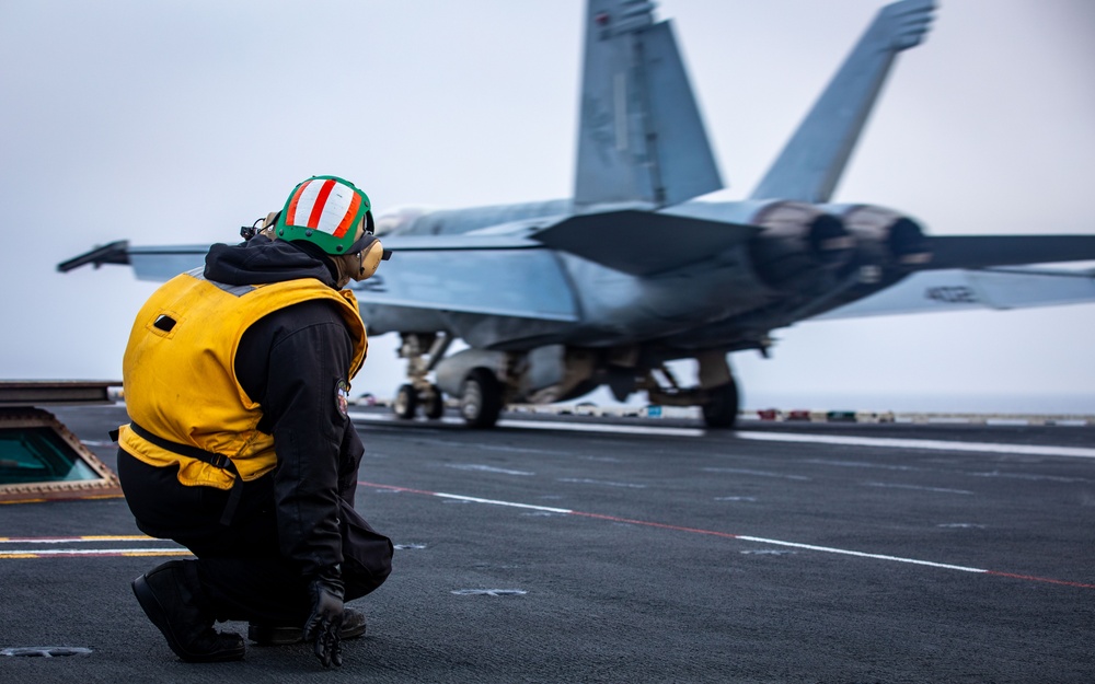 USS Gerald R. Ford (CVN 78) Sailor Observes Super Hornet Launch
