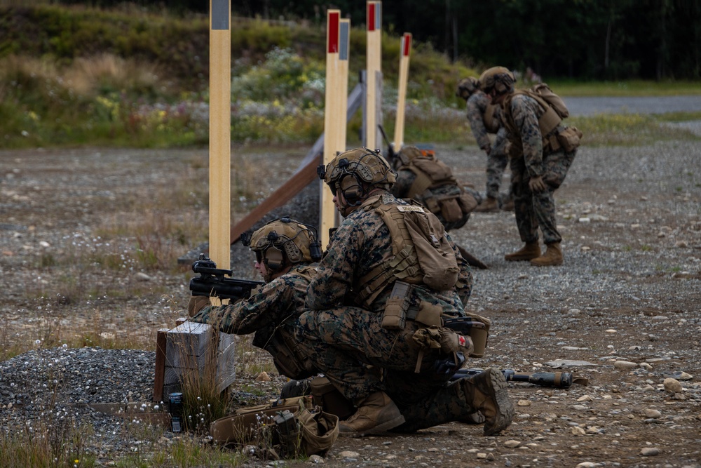U.S. Marines with 3rd Bn., 4th Marines, Det. Delta Co., 4th LE, Bn., MARFORRES fire M320 grenade launchers, M27 IAR during ARCTIC EDGE 2025