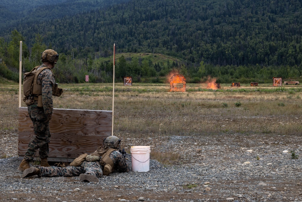 U.S. Marines with 3rd Bn., 4th Marines, Det. Delta Co., 4th LE, Bn., MARFORRES fire M320 grenade launchers, M27 IAR during ARCTIC EDGE 2025