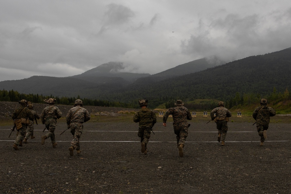 U.S. Marines with 3rd Bn., 4th Marines, Det. Delta Co., 4th LE, Bn., MARFORRES fire M320 grenade launchers, M27 IAR during ARCTIC EDGE 2025