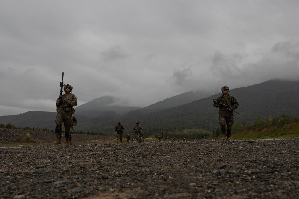 U.S. Marines with 3rd Bn., 4th Marines, Det. Delta Co., 4th LE, Bn., MARFORRES fire M320 grenade launchers, M27 IAR during ARCTIC EDGE 2025