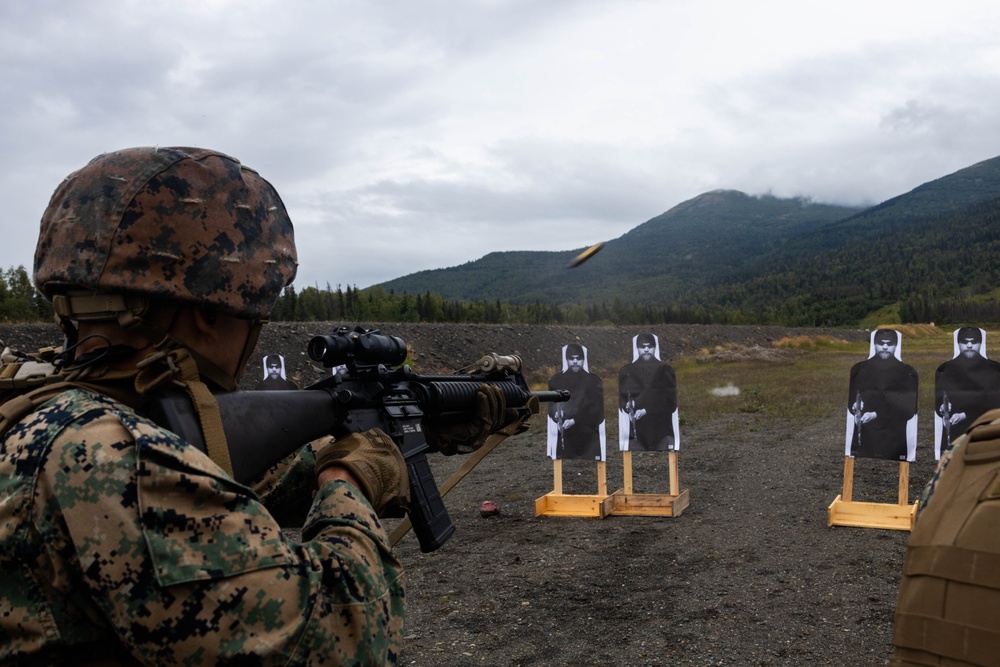 U.S. Marines with 3rd Bn., 4th Marines, Det. Delta Co., 4th LE, Bn., MARFORRES fire M320 grenade launchers, M27 IAR during ARCTIC EDGE 2025