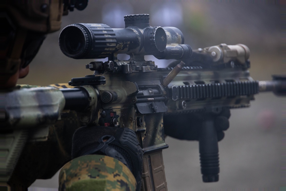 U.S. Marines with 3rd Bn., 4th Marines, Det. Delta Co., 4th LE, Bn., MARFORRES fire M320 grenade launchers, M27 IAR during ARCTIC EDGE 2025
