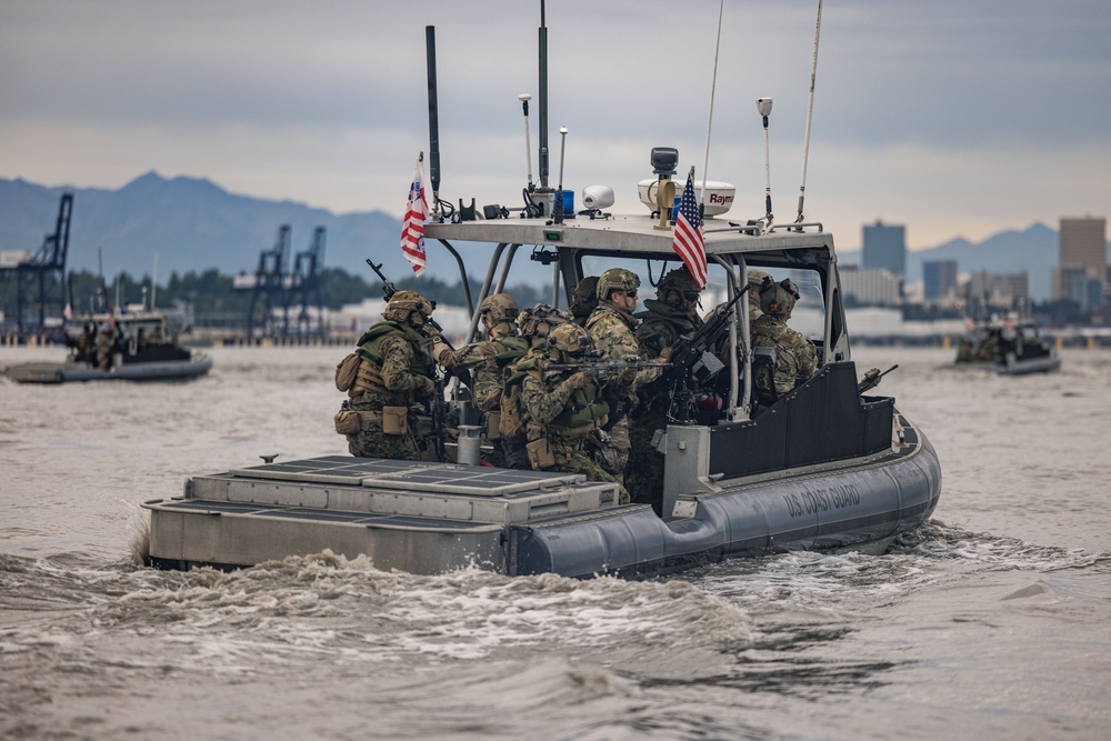 U.S. Marines with 3rd Bn., 4th Marines, and U.S. Coast Guard with PSU 311 conduct amphibious raid during ARCTIC EDGE 2025