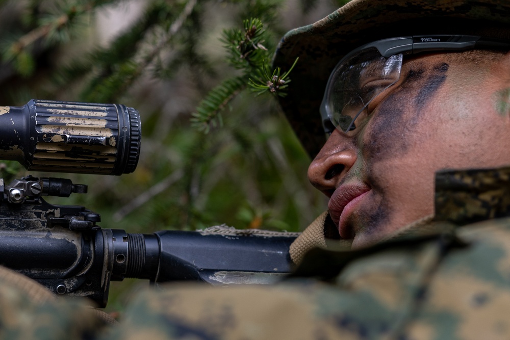 U.S. Marine with 3rd Bn., 4th Marines, conduct patrol base operations during Arctic Edge 25