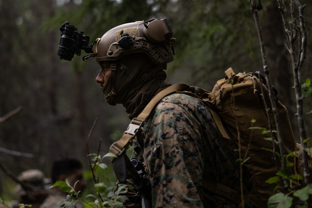 U.S. Marine with 3rd Bn., 4th Marines, conduct patrol base operations during ARCTIC EDGE 2025