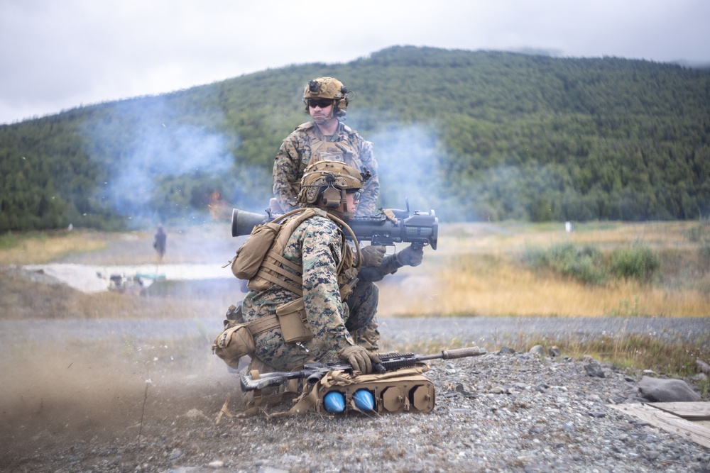 U.S. Marines with 3rd Bn., 4th Marines, conduct a MAAWS range during ARCTIC EDGE 2025