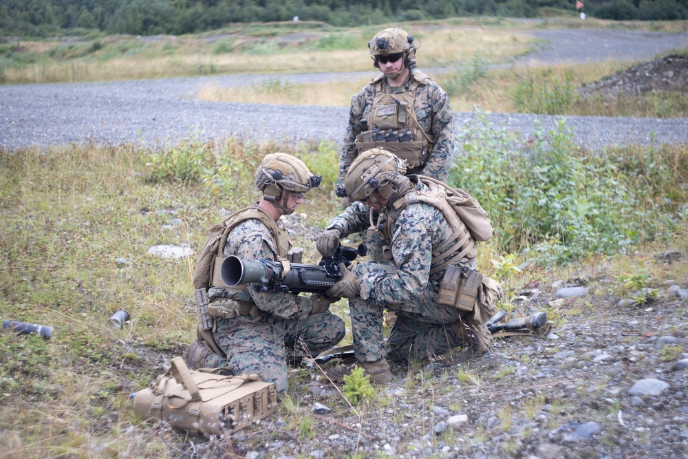 U.S. Marines with 3rd Bn., 4th Marines, conduct a MAAWS range during ARCTIC EDGE 2025