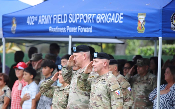 402nd AFSB commander Col. Courtney Sugai relinquishes command to Col. Matthew Amsdell in change of command ceremony