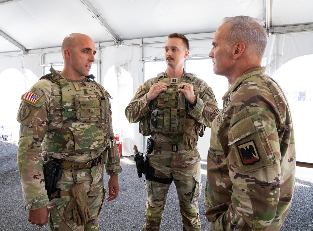 U.S. Army Maj. Gen. Ronald Burkett II, National Guard Bureau, speaks with MS Guard Soldiers