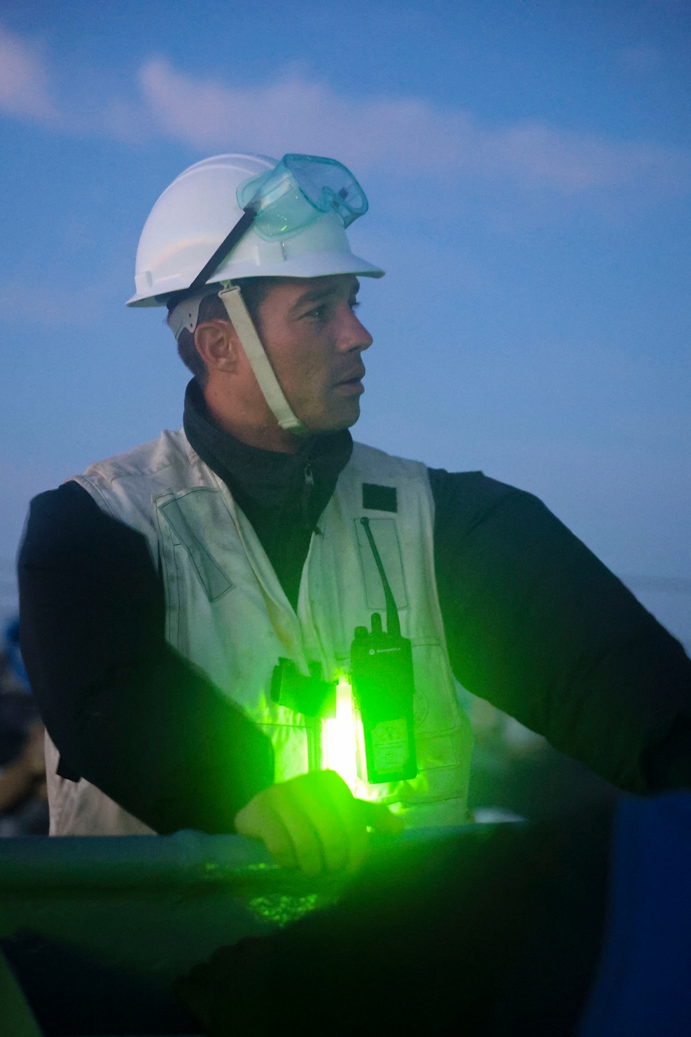 BM1 Jason Carpenter conducts a safety brief during a sea-and-anchor transit