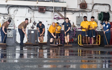 USS America (LHA 6) Conducts Hangar Bay Deep Cleaning