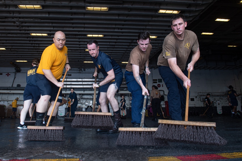 USS America (LHA 6) Conducts Hangar Bay Deep Cleaning