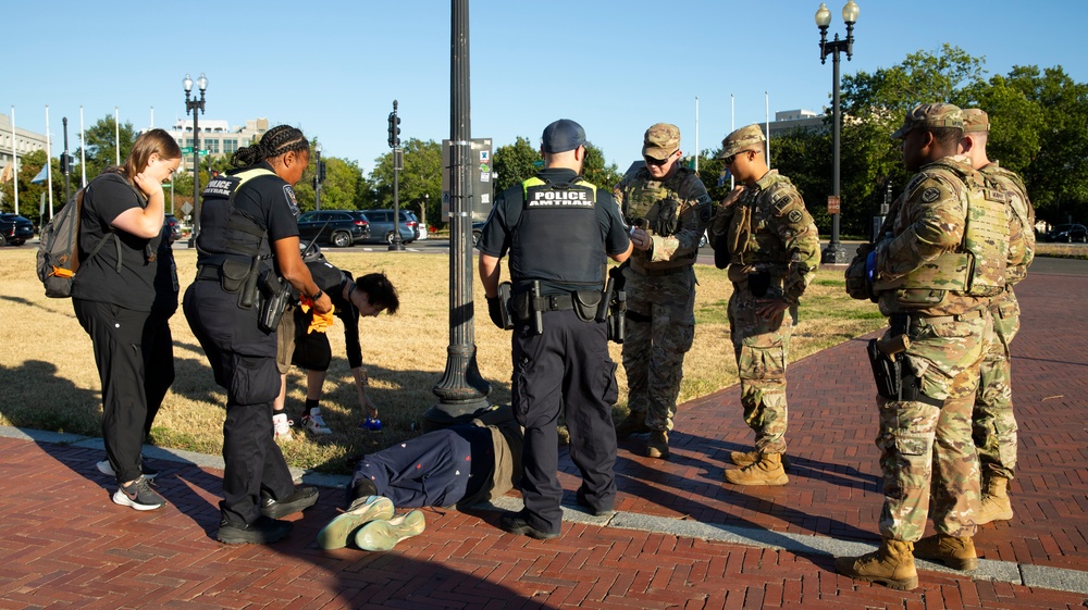 Soldiers with the 239th Military Police Company, Louisiana Army National Guard, assist Amtrak Police Officers