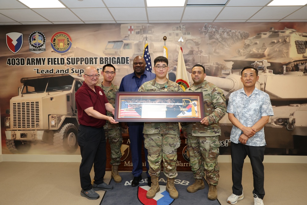 SGT Song, KATUSA soldier assigned to the S4 section, 403rd AFSB Headquarters, was honored during his end-of-tour award ceremony