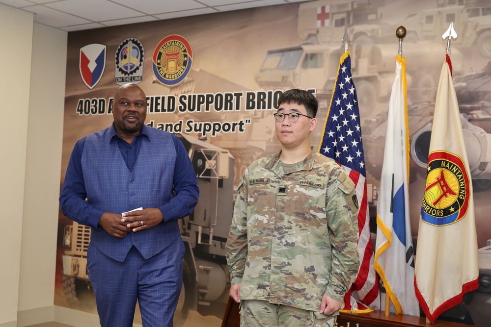 SGT Song, KATUSA soldier assigned to the S4 section, 403rd AFSB Headquarters, was honored during his end-of-tour award ceremony