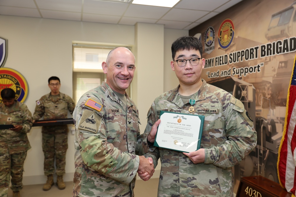 SGT Song, KATUSA soldier assigned to the S4 section, 403rd AFSB Headquarters, was honored during his end-of-tour award ceremony
