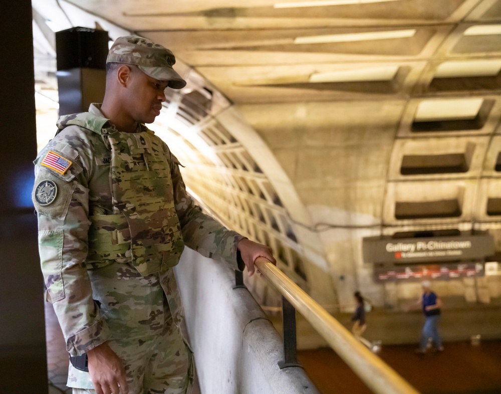 A U.S. Soldier with the 112th Military Police Battalion, MS National Guard, Patrols the Washington Metro