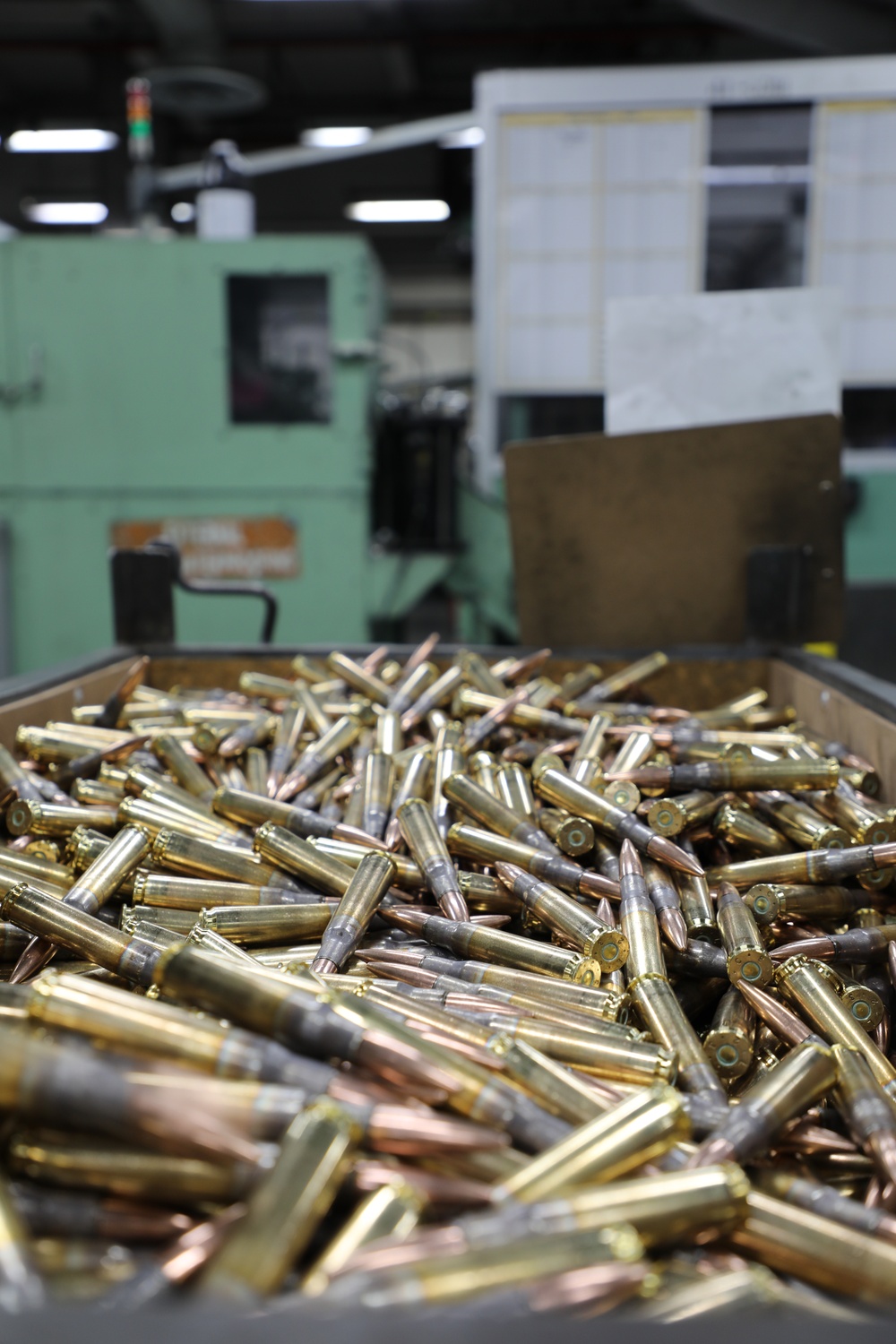 Bin of small caliber ammunition at Lake City Army Ammunition Plant.
