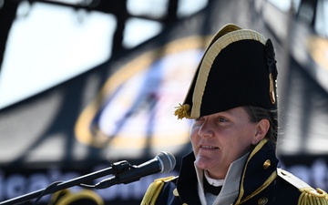 Commanding officer of the USS Constitution delivers remarks aboard the ship during its Independence Day underway in Boston Harbor