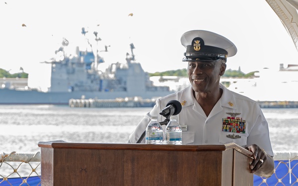 Fleet Master Chief Don Davis speaks at the CPO Legacy Academy graduation ceremony