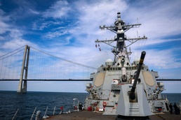 USS Bulkeley (DDG 84) transits under the Great Belt Bridge in the Danish straits
