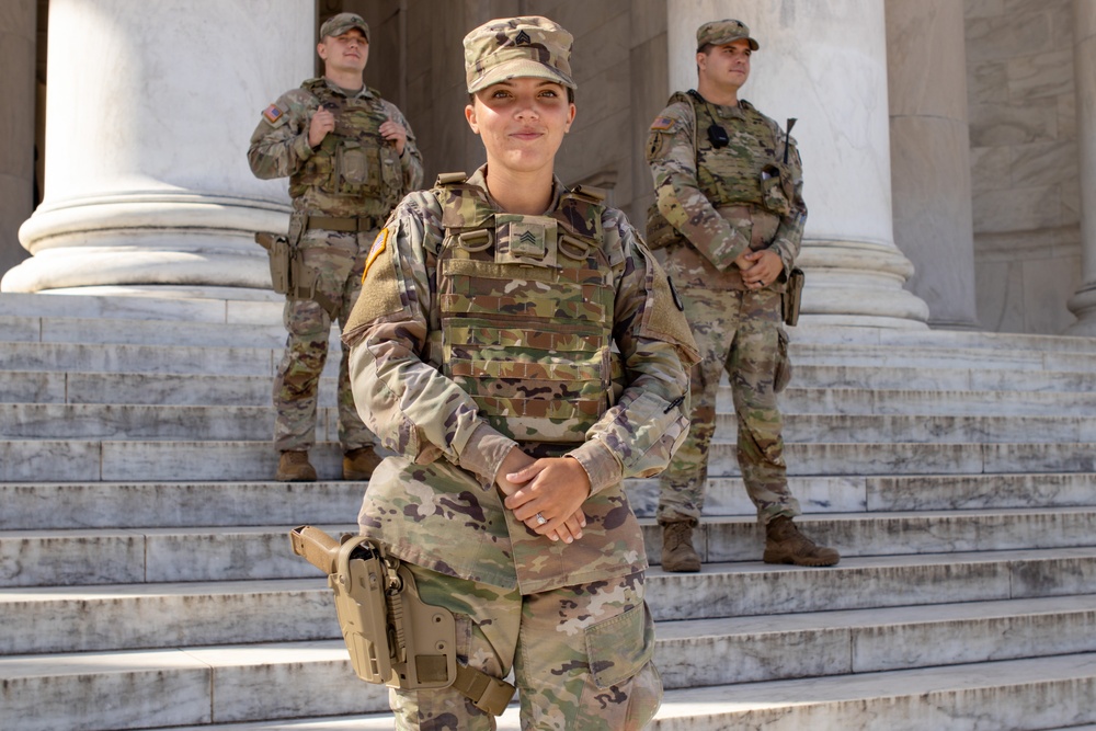 South Carolina Army National Guardsmen patrol the Thomas Jefferson Memorial
